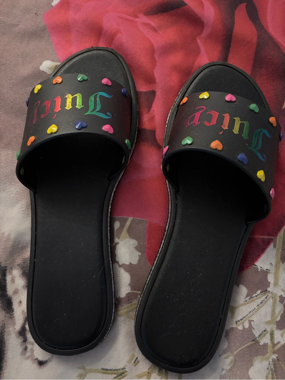 Juicy Couture Black Slide Sandals with Rainbow Logo and Heart Studs